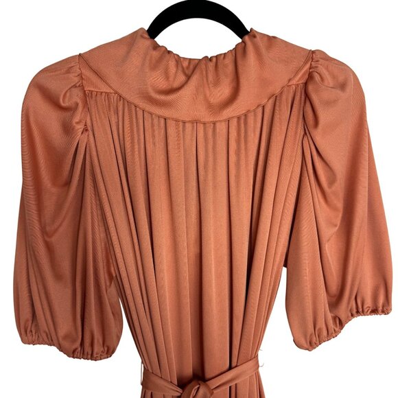VTG 1970s Sz XL Copper Puff Sleeve Flowy Blouson Dress Peter Pan Collar & Belt - Picture 8 of 9